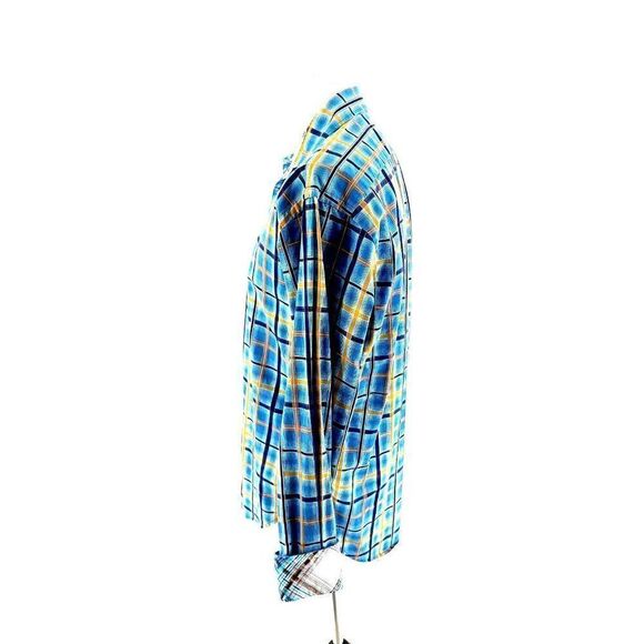 Thomas Dean Small Blue Yellow Windowpane Flip‎ Cuff Button Front Dress Shirt - Picture 4 of 9